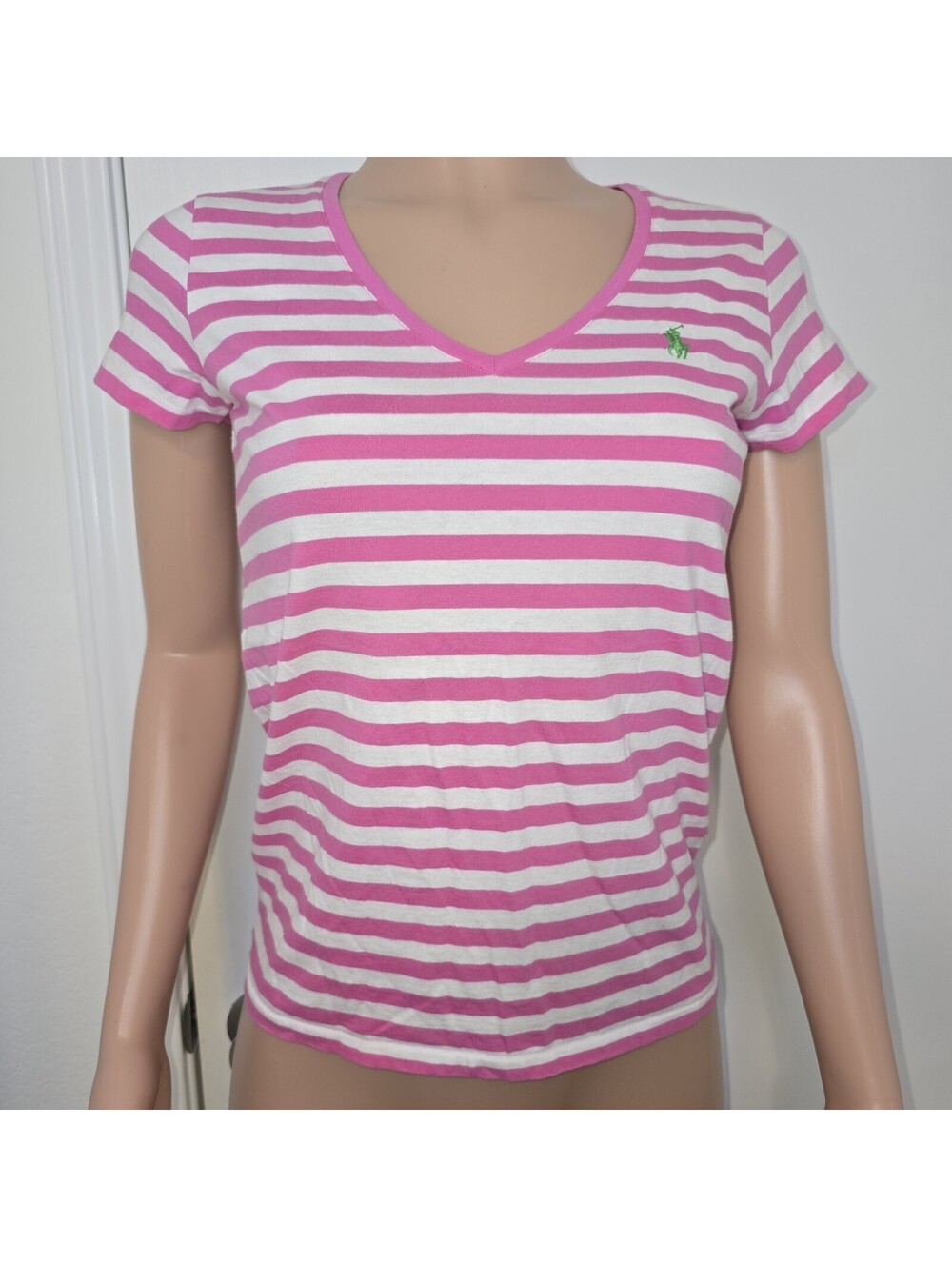 Ralph Lauren Pink White Short Sleeve Knit Top Shirt V-neck Green Pony Size Small